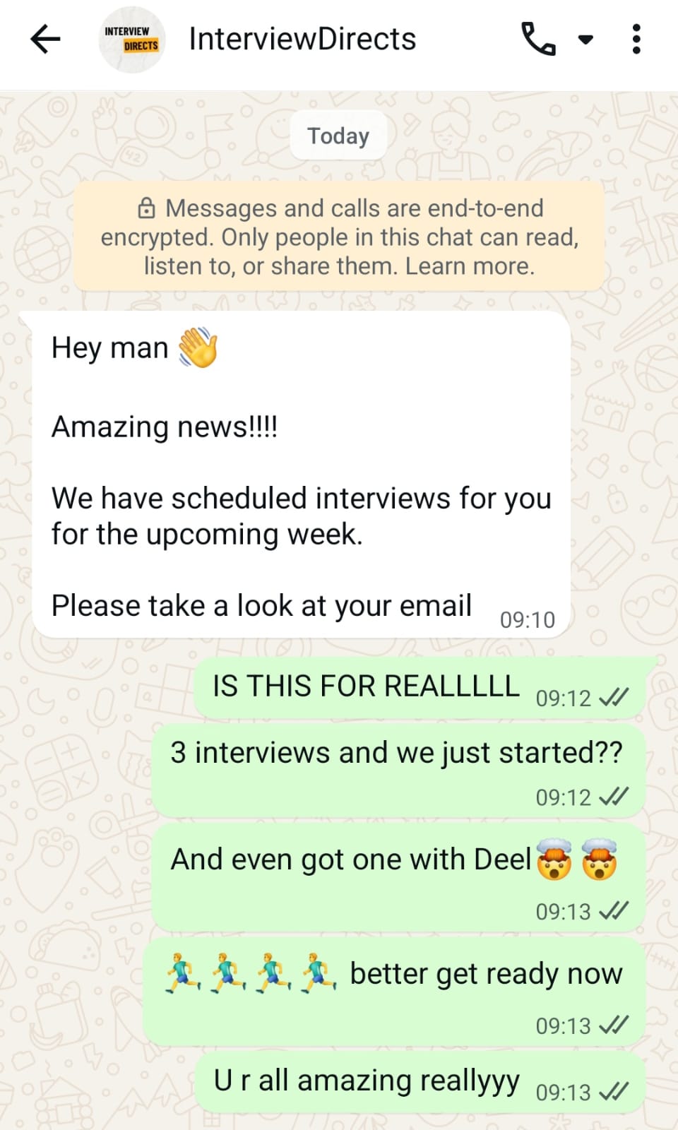 WhatsApp message confirming interviews